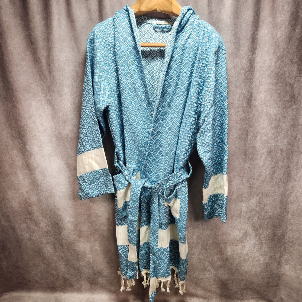 Laura Jane Blue‎ White Geometric Hooded Turkish Towel Robe Fringe Sz 1 Small/Med